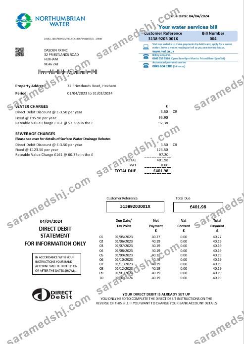 United Kingdom Northumbrian Water business utility bill template in Word and PDF formats, version 2